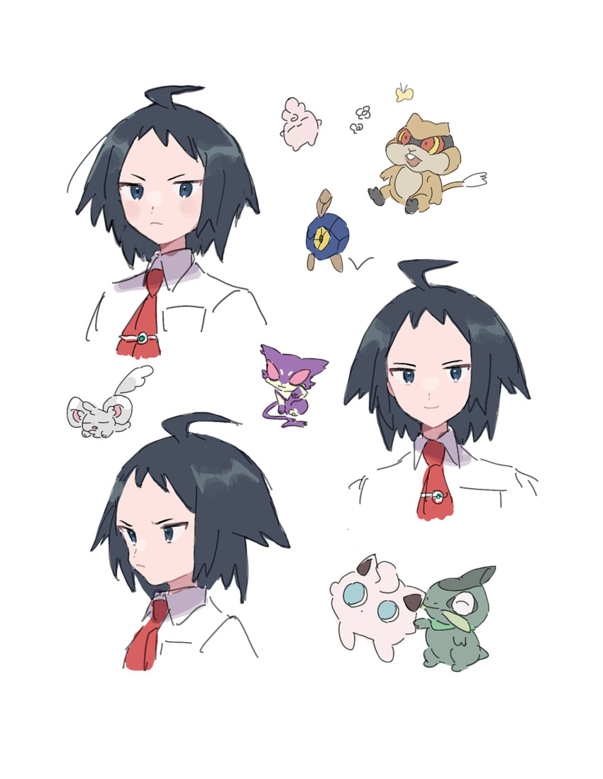 1boy ahoge axew black_hair breast_pocket cheren_(pokemon) closed_mouth collared_shirt eneko_(olavcnkrpucl16a) flower_(symbol) highres igglybuff jigglypuff male_focus minccino multiple_views necktie patrat pocket pokemon pokemon_(creature) pokemon_(game) pokemon_bw2 purrloin red_necktie roggenrola shirt short_hair simple_background smile tie_clip white_background white_shirt