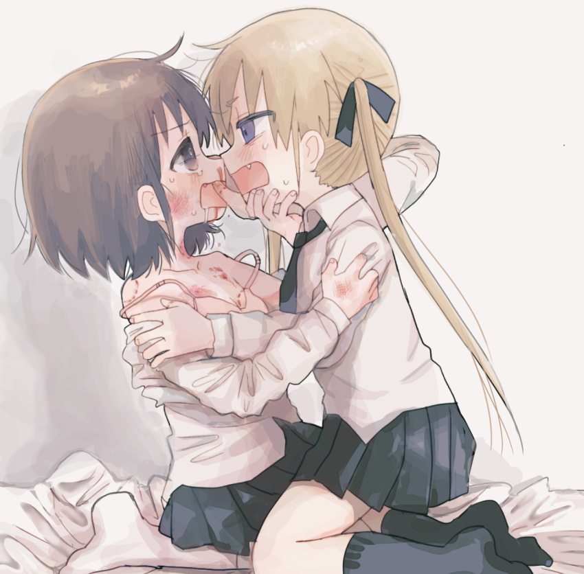 2girls ahoge arm_grab bags_under_eyes bare_shoulders bite_mark bite_mark_on_breast bite_mark_on_hand bite_mark_on_neck bite_mark_on_shoulder black_ribbon black_skirt black_socks blonde_hair blue_eyes blush bra bra_strap breasts brown_eyes brown_hair bruise cleavage commentary_request dashed_eyes double_strap_slip eye_contact face-to-face fang finger_in_another's_mouth from_side hair_ribbon highres injury kill_me_baby kneehighs kneeling long_hair long_sleeves looking_at_another multiple_girls no_shoes on_bed open_mouth oribe_yasuna partially_undressed pink_bra pleated_skirt profile ribbon ryona shirt skirt small_breasts socks sonya_(kill_me_baby) tearing_up twintails underwear white_shirt white_socks yasashii_naizou yuri