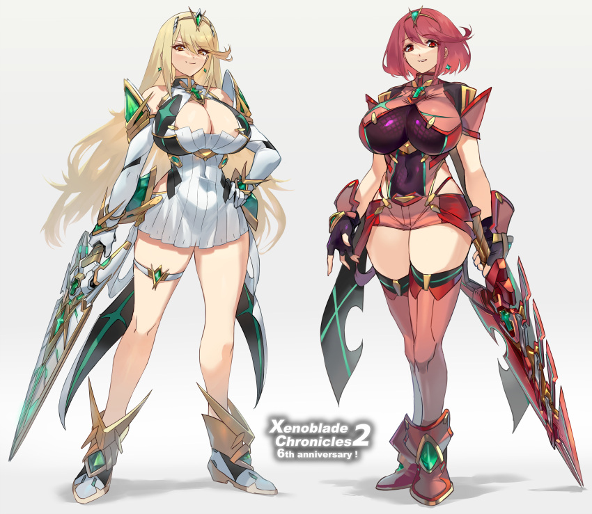 2girls absurdres bare_shoulders blonde_hair breasts chest_jewel cleavage covered_navel dress earrings fingerless_gloves gem gloves hand_on_own_hip headpiece highres holding holding_sword holding_weapon jewelry large_breasts long_hair looking_at_viewer multiple_girls mythra_(xenoblade) negresco pyra_(xenoblade) red_eyes red_hair short_hair swept_bangs sword thighhighs thighs tiara weapon xenoblade_chronicles_(series) xenoblade_chronicles_2