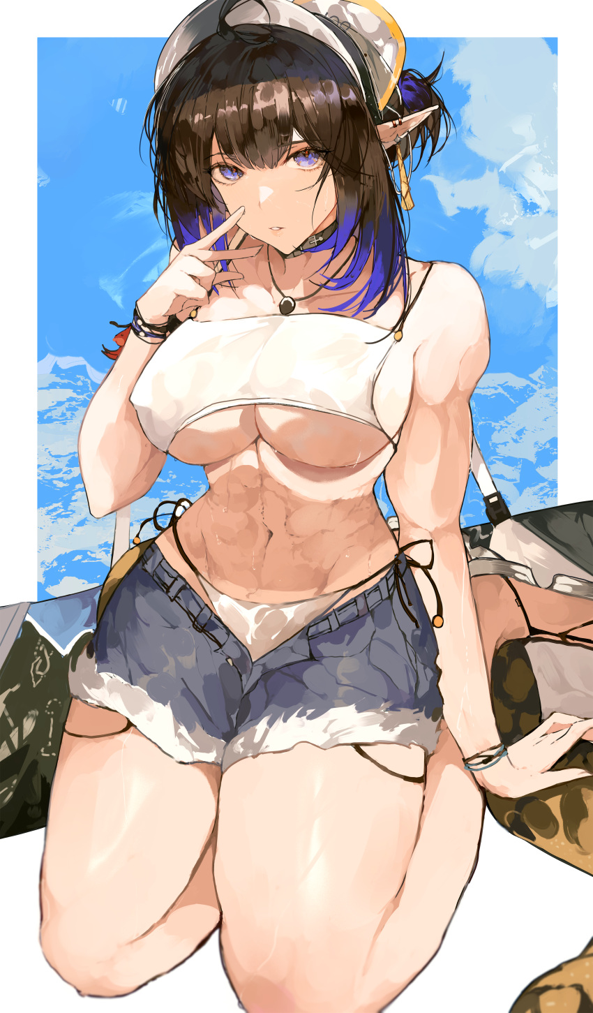 1girl absurdres arknights arm_support bikini bikini_under_shorts black_hair blue_eyes blue_hair blue_sky border bracelet breasts commentary_request commission earrings eunectes_(arknights) finger_to_mouth highres jewelry kneeling large_breasts looking_at_viewer multiple_bracelets multiple_earrings muscular muscular_female necklace parted_lips pointy_ears sandals second-party_source see-through short_hair short_ponytail short_shorts shorts sky snake_girl snake_tail solo stomach swimsuit tail thighs underboob white_bikini white_headwear yuki_flourish