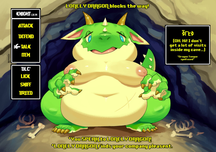 anthro belly big_belly blue_eyes bone breasts cave claws dragon english_text female green_body hanging_belly hi_res horn lilmoonie looking_at_viewer navel nipples nude obese open_mouth overweight overweight_female scar solo tail text thick_thighs tongue