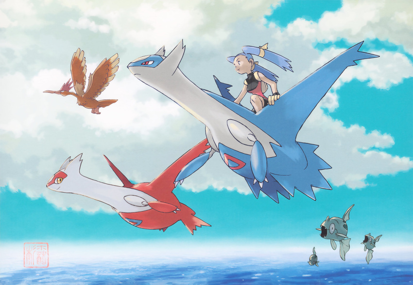 1girl bird bird_wings blue_hair creature fangs fearow fish latias latios ocean official_art open_mouth pokemon pokemon_(creature) red_eyes remoraid sky sugimori_ken water wings yellow_eyes