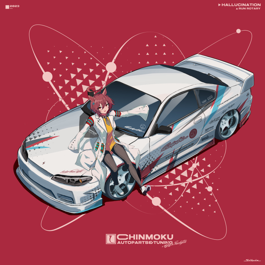 1girl absurdres agnes_tachyon_(umamusume) animal_ears atom black_pantyhose boots brown_eyes car cowlick green_necktie ground_vehicle hair_between_eyes highres horse_ears horse_girl labcoat looking_at_viewer looking_up motor_vehicle necktie nissan nissan_s15_silvia nissan_silvia on_vehicle open_mouth pantyhose run_rotary shirt short_hair short_necktie sitting sleeves_past_fingers sleeves_past_wrists solo spoiler_(automobile) test_tube umamusume vehicle_focus white_footwear yellow_shirt