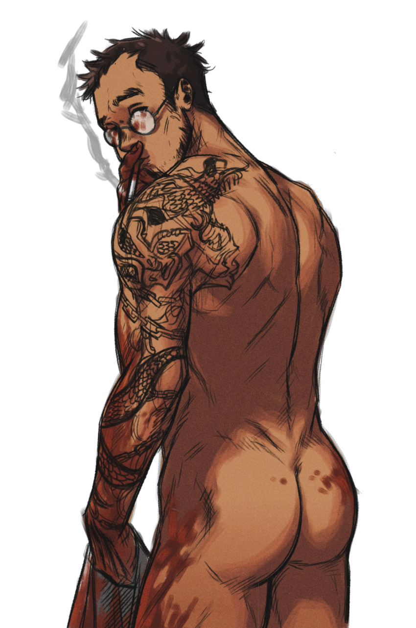1boy absurdres alternate_muscle_size arm_tattoo ass bara black_hair blood blood_on_body blood_on_clothes cigarette completely_nude dark-skinned_male dark_skin dorohedoro facial_hair feet_out_of_frame from_behind glasses highres holding holding_cigarette holding_clothes holding_shirt kasukabe_(dorohedoro) long_sideburns looking_at_viewer looking_back male_focus mature_male muscular muscular_male nude round_eyewear shirt short_hair sideburns smokerichi smoking solo stubble tattoo thick_eyebrows thighs