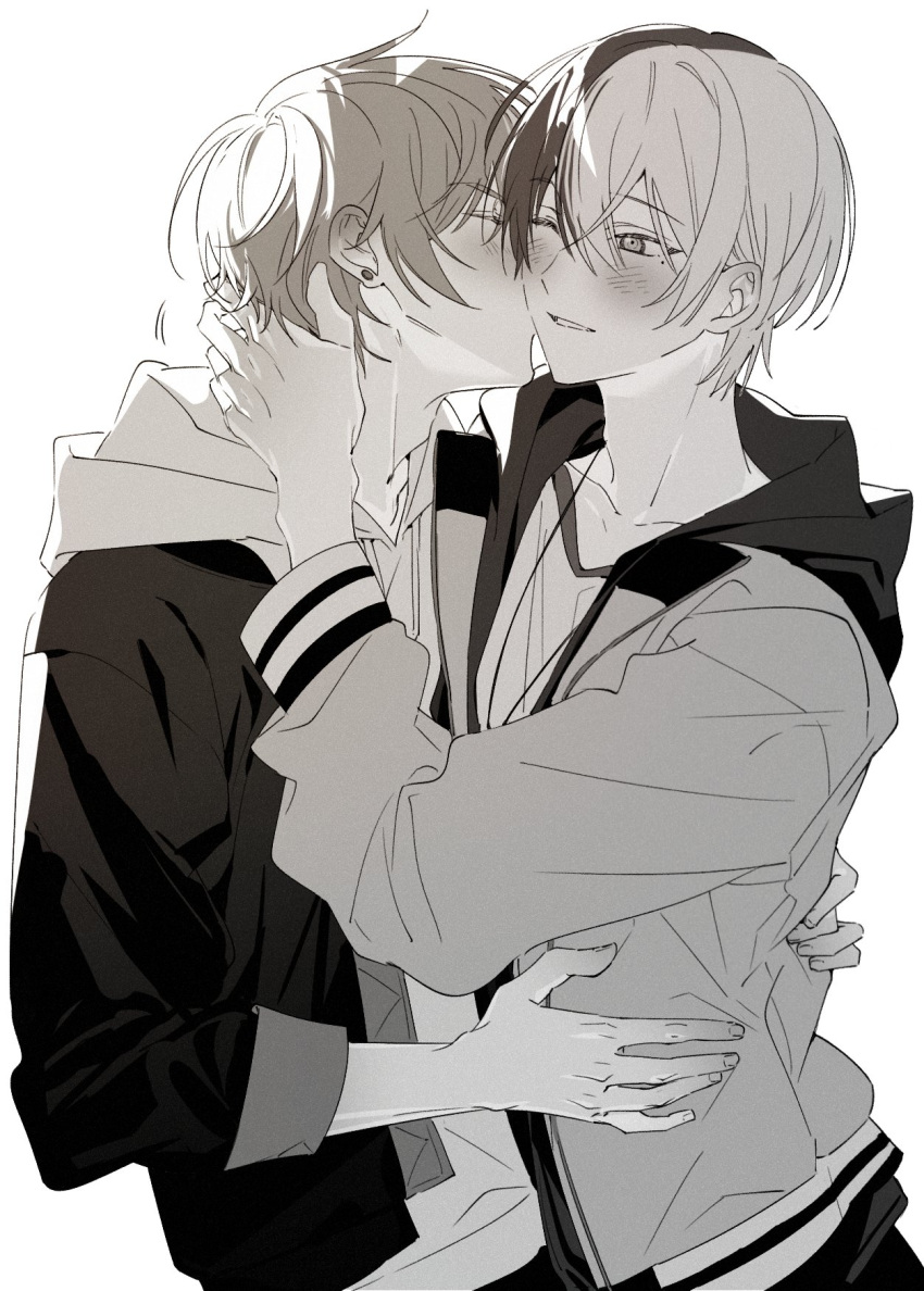 2boys aoyagi_touya blush closed_eyes commentary couple earrings fingernails greyscale hair_between_eyes hand_on_another's_neck highres hood hood_down hooded_jacket jacket jewelry kiss kissing_cheek long_sleeves male_focus mole mole_under_eye monochrome multicolored_hair multiple_boys open_clothes open_jacket project_sekai samgak shinonome_akito short_hair sleeves_past_elbows smile split-color_hair symbol-only_commentary two-tone_hair upper_body white_background yaoi