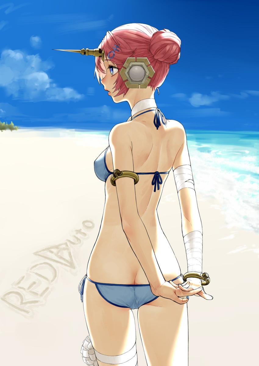 1girl armlet arms_behind_back ass back bandaged_arm bandaged_leg bandages bangle beach bikini blue_bikini blue_sky bracelet breasts cloud cowboy_shot day fate/grand_order fate_(series) frankenstein's_monster_(fate) frankenstein's_monster_(swimsuit_saber)_(fate) from_behind hair_bun hair_ornament hairclip headgear highres horns interlocked_fingers jewelry mechanical_horns medium_breasts outdoors own_hands_together parted_lips pink_hair profile redauto shore side-tie_bikini_bottom single_horn sketch sky solo swimsuit