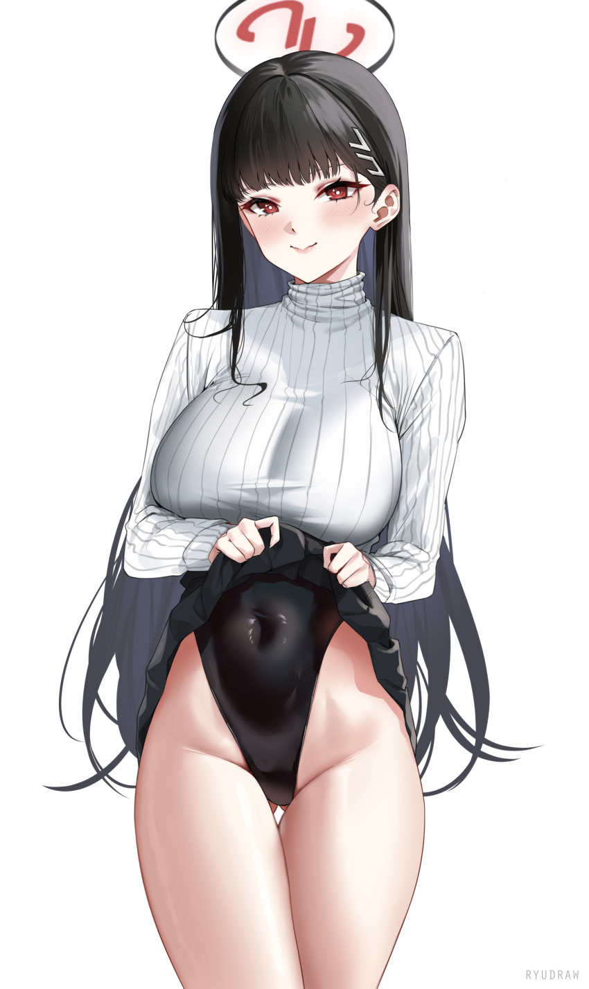 1girl black_hair black_one-piece_swimsuit black_skirt blue_archive blunt_bangs blush breasts clothes_lift covered_navel hair_ornament hairclip halo highres large_breasts long_hair long_sleeves looking_at_viewer one-piece_swimsuit red_eyes ribbed_sweater rio_(blue_archive) ryudraw skirt skirt_lift smile solo sweater swimsuit turtleneck turtleneck_sweater very_long_hair white_sweater