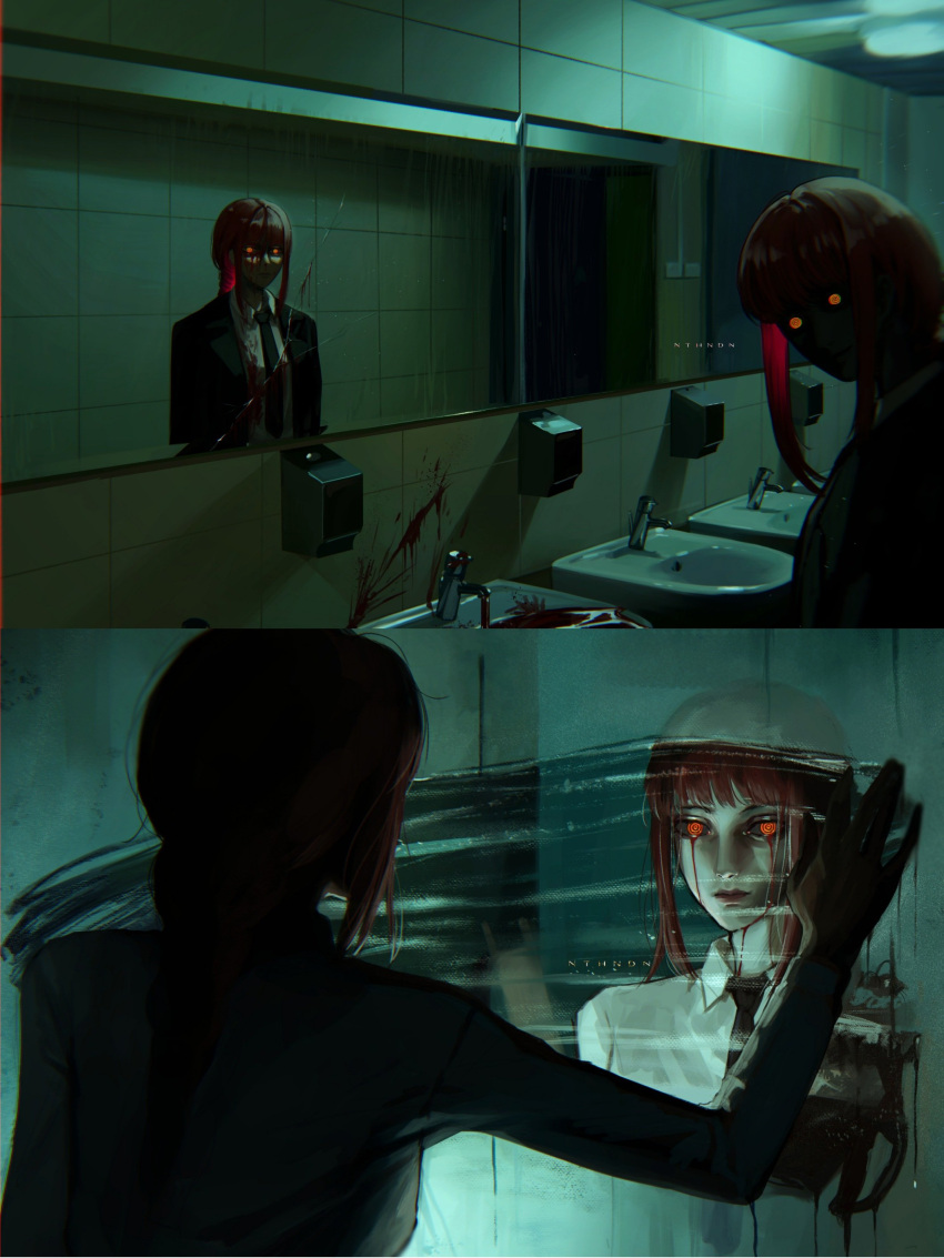 1girl absurdres black_necktie blood blood_from_eyes braid braided_ponytail business_suit chainsaw_man collared_shirt formal highres horror_(theme) makima_(chainsaw_man) necktie nthndn parted_lips red_hair reflection restroom ringed_eyes shirt sidelocks sink solo suit white_shirt wiping yellow_eyes