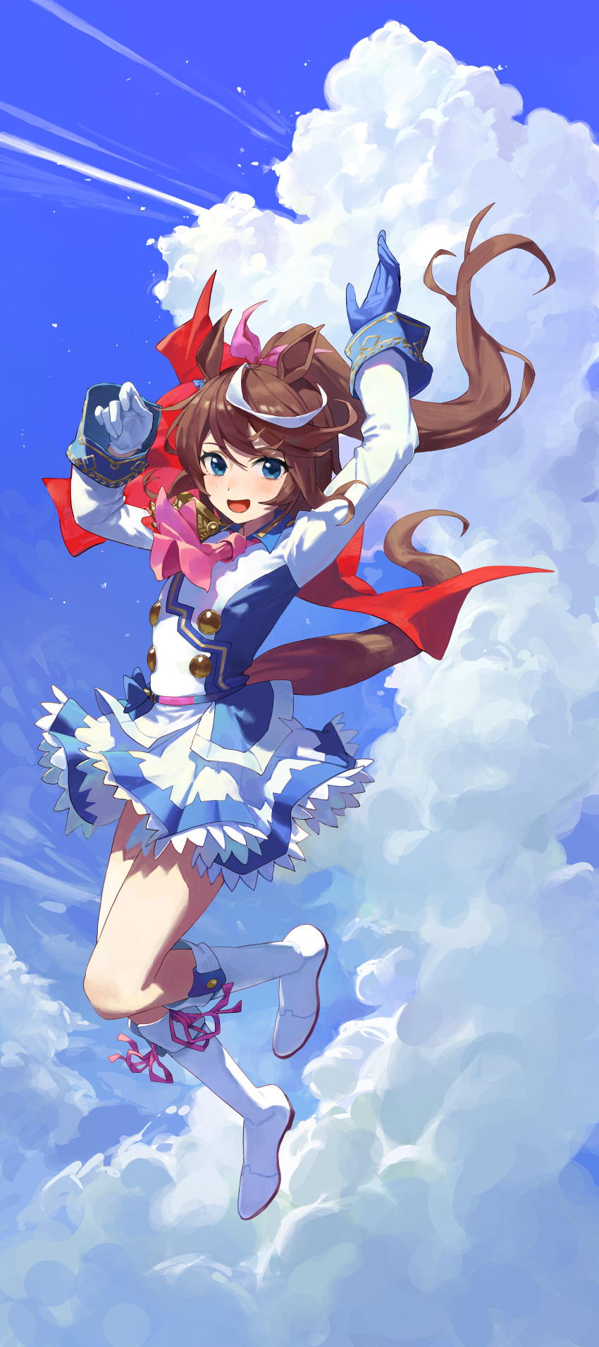1girl absurdres animal_ears arms_up ascot asymmetrical_gloves belt blue_eyes blue_gloves blue_shirt blue_skirt blue_sky boots bow brown_hair buttons capelet chobbb cloud collared_shirt commentary contrail day epaulettes falling foot_up frilled_skirt frills full_body gloves gold_trim hair_bow highres horse_ears horse_girl horse_tail knee_boots long_hair long_sleeves looking_at_viewer midair mismatched_gloves multicolored_hair open_mouth outdoors pink_ascot pink_bow ponytail red_capelet shirt sideways_glance single_epaulette skirt sky sleeve_cuffs smile solo streaked_hair swept_bangs tail tokai_teio_(umamusume) two-tone_shirt two-tone_skirt umamusume white_footwear white_gloves white_hair white_shirt white_skirt