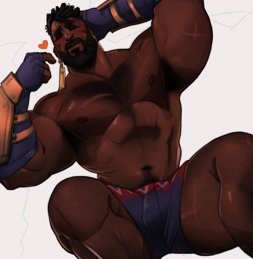 1boy abs bara beard black_hair blush brown_eyes chest_hair chris_sdd come_hither dark-skinned_male dark_skin dreadlocks dutch_angle earrings facial_hair feet_out_of_frame fingerless_gloves gloves hand_on_own_head heart highres jewelry k'sante_(league_of_legends) large_pectorals league_of_legends male_focus mature_male muscular muscular_male navel navel_hair nipples pectorals pointing pointing_at_self seductive_smile short_hair short_shorts shorts smile solo spread_legs stomach strongman_waist thick_arms thick_eyebrows thick_thighs thighs topless_male very_dark_skin
