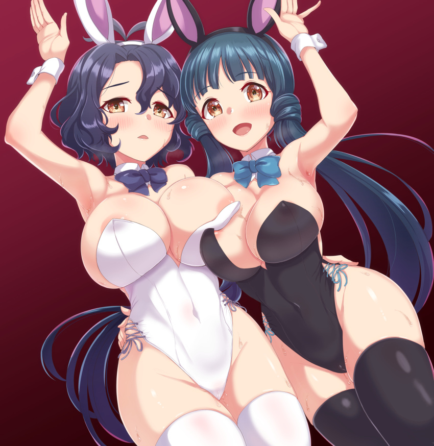 2girls animal_ears areola_slip arm_around_waist arm_up armpits asymmetrical_docking bare_shoulders black_hairband black_leotard black_thighhighs blue_bow blue_bowtie blue_hair blunt_bangs blush bow bowtie breast_press breasts cleavage commentary_request commission covered_navel cowboy_shot dan_(orange_train) detached_collar dutch_angle fake_animal_ears gradient_background groin hair_between_eyes hairband hand_on_another's_waist highleg highleg_leotard highres idolmaster idolmaster_million_live! kitakami_reika large_breasts leotard long_hair looking_at_viewer low_twintails multiple_girls open_mouth parted_lips playboy_bunny rabbit_ears rabbit_pose raised_eyebrows red_background short_hair side-by-side side-tie_leotard skeb_commission smile standing strapless strapless_leotard sweat thighhighs toyokawa_fuka twintails very_long_hair wavy_hair white_hairband white_leotard white_thighhighs wrist_cuffs yellow_eyes