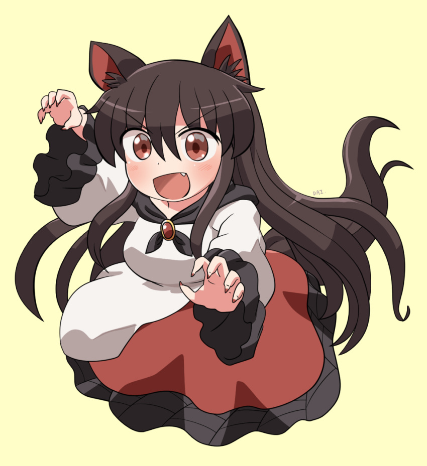 1girl animal_ear_fluff animal_ears blush brown_hair dress fang fingernails full_body hair_between_eyes highres imaizumi_kagerou long_fingernails long_hair long_sleeves open_mouth red_dress red_eyes rokugou_daisuke sharp_fingernails signature simple_background smile solo tail touhou white_dress wolf_ears wolf_tail yellow_background