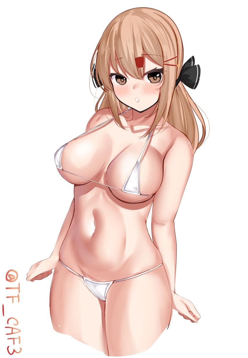 1girl bikini blush breasts breasts_apart brown_eyes cropped_legs hair_between_eyes hair_ornament hairclip highres kantai_collection light_brown_hair long_hair looking_at_viewer micro_bikini navel one-hour_drawing_challenge parted_lips simple_background solo strap_gap string_bikini swimsuit tashkent_(kancolle) tf_cafe thighs twitter_username underboob white_background white_bikini