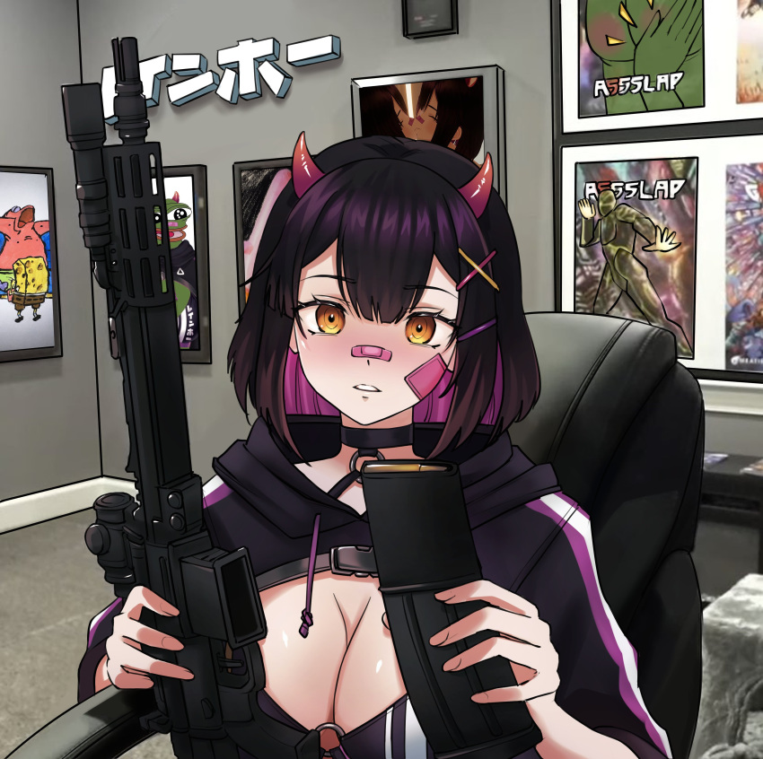 1girl absurdres bandaid bandaid_on_cheek bandaid_on_face bandaid_on_nose banefury bikini black_choker black_hair black_hoodie boy's_club breasts chair choker cleavage colored_inner_hair cr1tikal demon_horns gun hair_ornament highres holding holding_gun holding_magazine_(weapon) holding_weapon hood hood_down hoodie horns indie_virtual_youtuber magazine_(weapon) meme multicolored_hair o-ring o-ring_bikini patrick_star pepe_the_frog pink_hair rainhoe rifle second-party_source sneako_vs_moistcr1tikal_(meme) solo_focus spongebob_squarepants spongebob_squarepants_(character) swimsuit upper_body weapon x_hair_ornament yellow_eyes