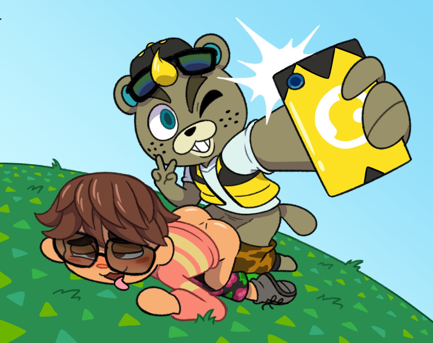 ambiguous_gender anal anal_penetration animal_crossing anthro anthro_penetrating anthro_penetrating_human ass_up beaver biped blonde_hair bottomwear brown_body brown_fur brown_hair c.j._(animal_crossing) camera clothed clothing dominant dominant_anthro dominant_male duo eyewear eyewear_on_head from_behind_position fur goopbloop grass hair hi_res human human_on_anthro human_penetrated interspecies kneeling kneeling_sex leapfrog_position looking_pleasured male male/ambiguous male_penetrated male_penetrating mammal nintendo outdoor_sex partially_clothed peace_symbol penetration phone plant posing_for_picture rodent selfie sex shorts sky submissive submissive_human submissive_male sunglasses sunglasses_on_head taking_picture tongue tongue_out topwear vest villager_(animal_crossing)