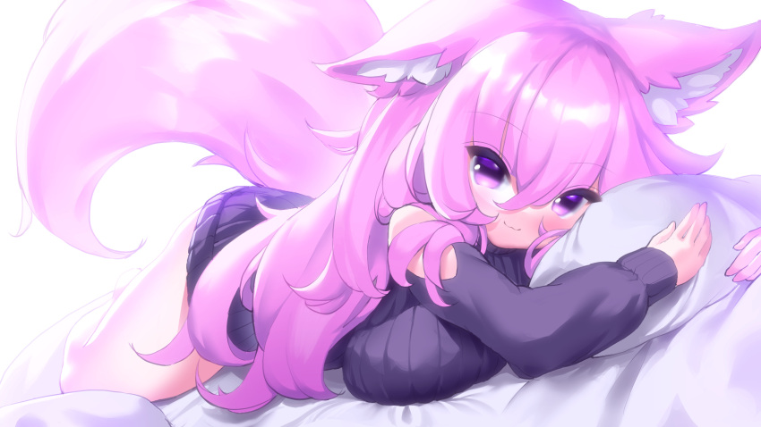 1girl :3 animal_ear_fluff animal_ears araran bare_legs black_sweater breasts closed_mouth curly_hair ear_down fluffy hair_between_eyes highres large_breasts long_hair long_sleeves looking_at_viewer lying object_hug off-shoulder_sweater off_shoulder on_bed on_stomach original pillow pillow_hug pink_eyes pink_hair ribbed_sweater smile solo sweater tail white_background