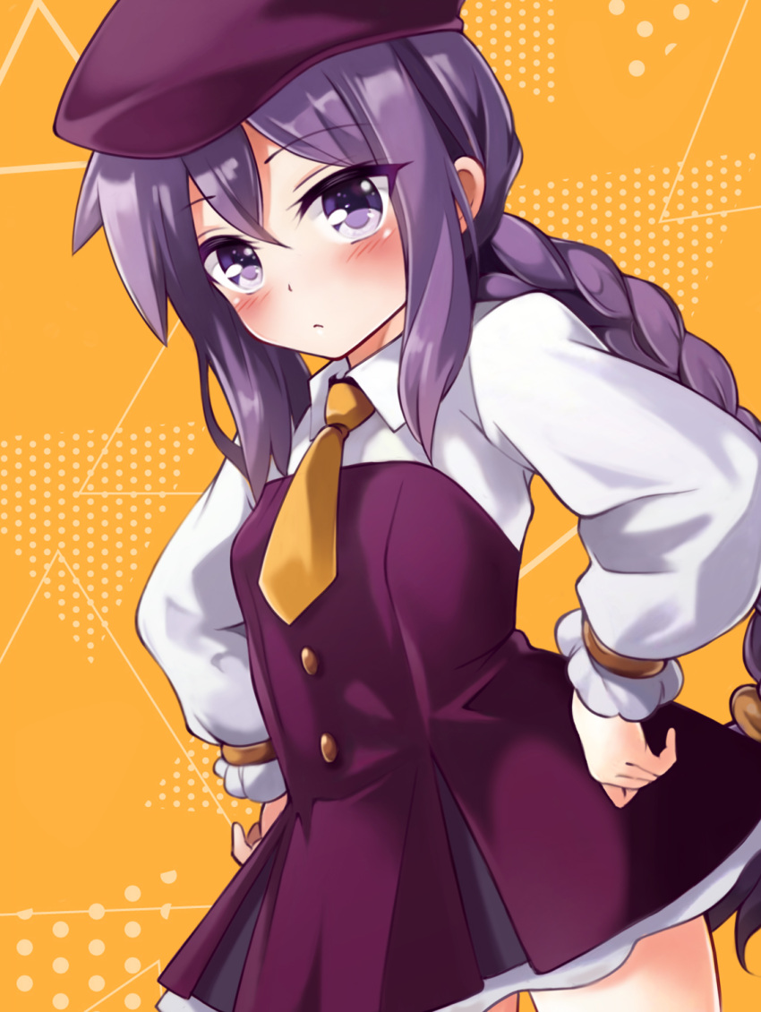 1girl aged_down atlas_academy_school_uniform beret blush braid braided_ponytail breasts collared_shirt dress fate/grand_order fate_(series) hat highres long_hair long_sleeves looking_at_viewer mochi_(k620803n) necktie ponytail purple_dress purple_eyes purple_hair purple_headwear school_uniform shirt sidelocks sion_eltnam_sokaris small_breasts solo white_shirt