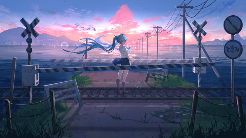 1girl absurdres bird blue_skirt boom_barrier breasts brown_footwear commentary finaru-dorim floating_hair flock from_behind full_body hatsune_miku highres lens_flare long_hair looking_at_viewer looking_back medium_breasts mountainous_horizon outdoors power_lines railroad_crossing railroad_signal road_sign sailor_collar scenery shirt shoujo_rei_(vocaloid) sign skirt solo sunset twintails very_long_hair vocaloid white_shirt wide_shot wind