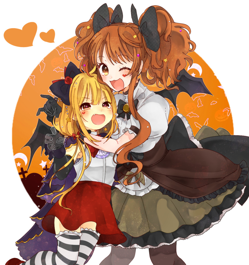 2girls ;d bat_wings black_bow black_bowtie black_pantyhose blonde_hair bow bowtie circle crescent cross fang futaba_anzu green_skirt hair_ornament halloween_costume heart highres hug hug_from_behind idolmaster idolmaster_cinderella_girls keita_wiz looking_at_viewer moroboshi_kirari multiple_girls one_eye_closed orange_hair pantyhose puffy_short_sleeves puffy_sleeves red_skirt shirt short_sleeves skirt smile star_(symbol) star_hair_ornament striped striped_thighhighs thighhighs twintails white_shirt wings yuri zettai_ryouiki