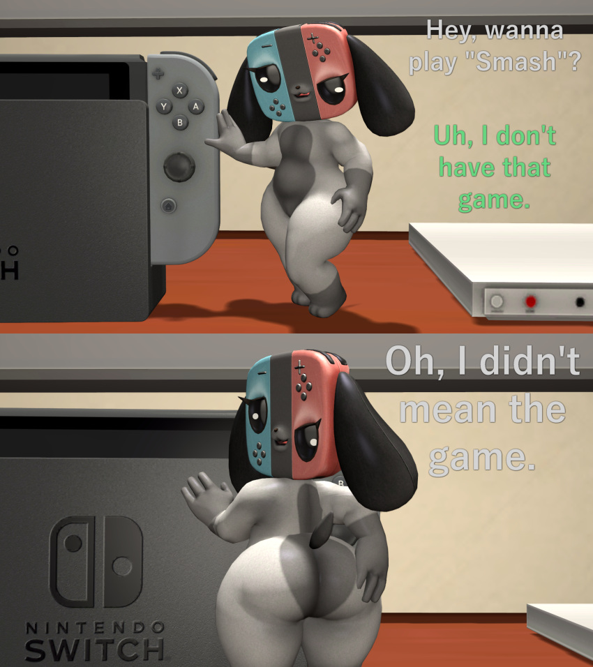 3d_(artwork) anthro big_butt butt canid canine digital_media_(artwork) featureless_crotch female flat_chested hi_res holding_butt looking_at_viewer looking_back looking_back_at_viewer mammal nintendo nintendo_switch papadragon69 solo switch_dog