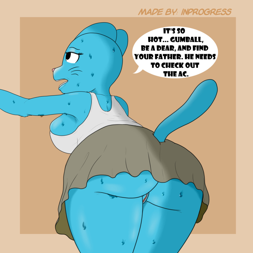 1:1 absurd_res anthro bodily_fluids butt cartoon_network dialogue domestic_cat english_text felid feline felis female genitals hi_res inprogress mammal mature_female mother_(lore) nicole_watterson parent_(lore) pussy rear_view solo sweat sweatdrop text the_amazing_world_of_gumball