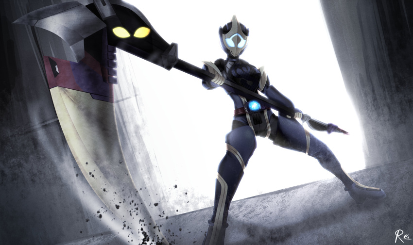 1girl absurdres armor bird blue_eyes bodysuit breasts cobra_(animal) fighting_stance glowing glowing_eyes gold_gloves hashibiroko_genome highres holding holding_weapon kamen_rider kamen_rider_jeanne kamen_rider_revice libera_driver lovekov mask medium_breasts muted_color reiei_8 scythe shoebill signature tokusatsu upper_body vistamp weapon yellow_eyes