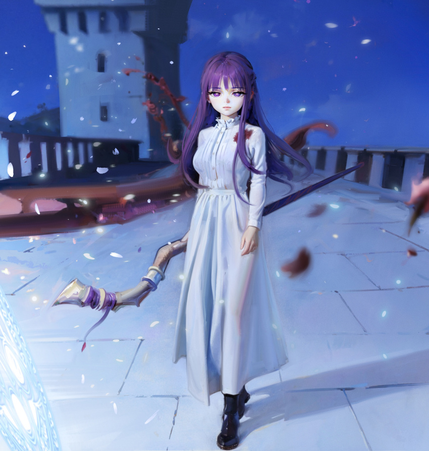 1girl absurdres blood breasts closed_mouth commentary dress fern_(sousou_no_frieren) full_body highres holding holding_staff large_breasts long_hair long_sleeves looking_at_viewer outdoors purple_eyes purple_hair sidelocks solo sousou_no_frieren staff standing sweetonedollar white_dress