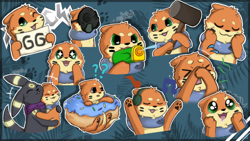 buizel dessert doughnut eeveelution embrace emotes food generation_2_pokemon generation_4_pokemon hammer hi_res hug nintendo pokemon pokemon_(species) resachii soggy_(soggybuizel) stickers tobi_(tobiumbreon) tools toy toy_gun umbreon water_gun