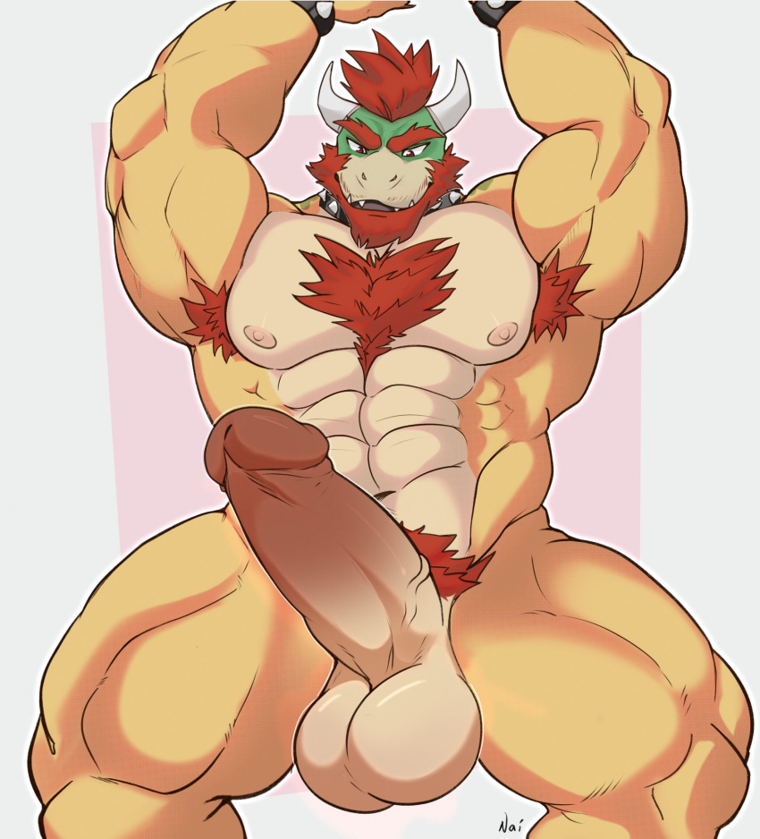 2023 abs anthro armpit_hair balls barazoku beard biceps big_balls big_muscles big_penis body_hair border bowser bracelet chest_hair collar erection eyebrows facial_hair front_view genitals hair hi_res horn huge_balls huge_muscles huge_penis humanoid_genitalia humanoid_penis jewelry koopa male mario_bros muscular muscular_anthro muscular_male naistop navel nintendo nipples non-mammal_balls non-mammal_nipples nude obliques pecs penis pink_background pubes scalie signature simple_background sitting smile solo spiked_bracelet spiked_collar spikes thick_penis thick_thighs white_border