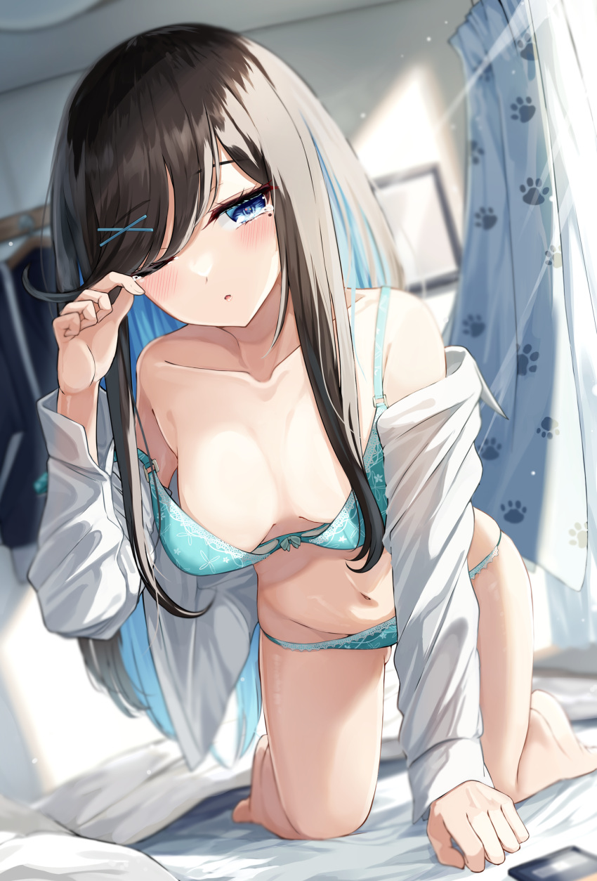 1girl aqua_bra aqua_panties bed black_hair blue_eyes blue_hair blush bra breasts breasts_apart cellphone clothes_hanger collarbone curtains hair_ornament highres igayan indoors long_hair looking_at_viewer medium_breasts mole mole_under_eye navel off_shoulder one_eye_closed original panties parted_lips paw_print phone picture_frame rubbing_eyes shirt smartphone solo stomach sunlight swept_bangs underwear waking_up white_shirt x_hair_ornament