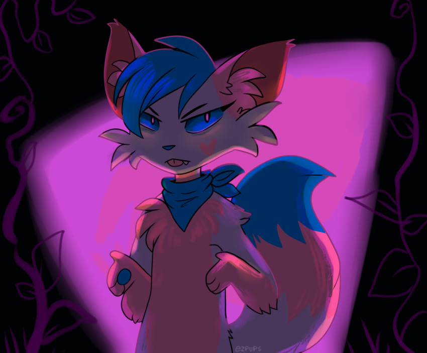 ambiguous_gender anthro bandanna bani_temari blep blue_body blue_eyes blue_fur blue_hair domestic_cat ezpups facial_tuft fangs felid feline felis fluffy fluffy_tail fur gloves_(marking) hair head_tuft heart_(marking) inner_ear_fluff kerchief leaf mammal markings pawpads pink_body pink_fur plant prick_ears solo tail teeth tongue tongue_out tuft vines