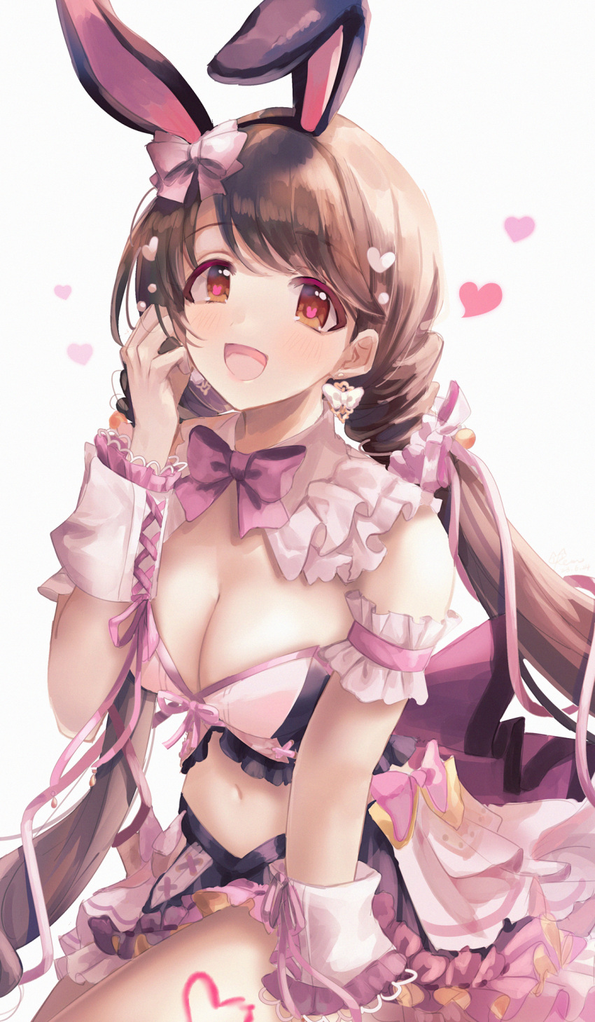 1girl animal_ears arm_garter blush breasts brown_hair cleavage collar detached_sleeves fake_animal_ears frilled_collar frills hair_ornament hair_scrunchie heart highres idolmaster idolmaster_cinderella_girls idolmaster_cinderella_girls_starlight_stage kevn large_breasts looking_at_viewer navel rabbit-shaped_pupils rabbit_ears scrunchie shimamura_uzuki simple_background smile solo symbol-shaped_pupils twintails white_background