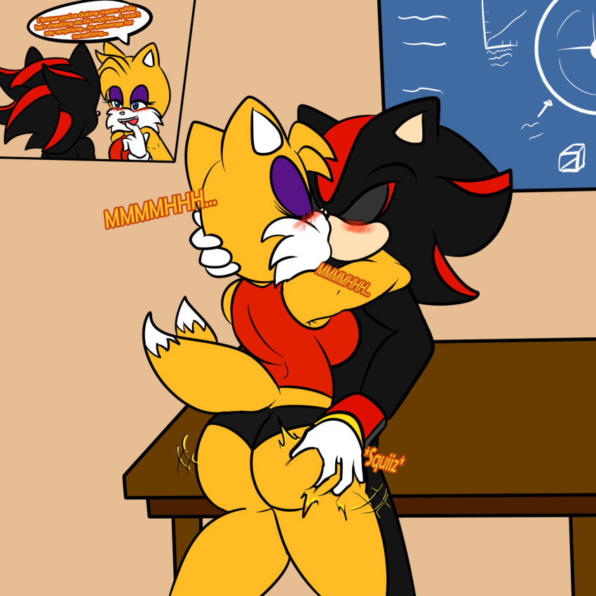 anthro big_breasts blackmail breasts butt butt_squish duo female hi_res makeup making_out male male/female miles_prower sega shadow_the_hedgehog sonic_the_hedgehog_(series) soulyagami64 squish