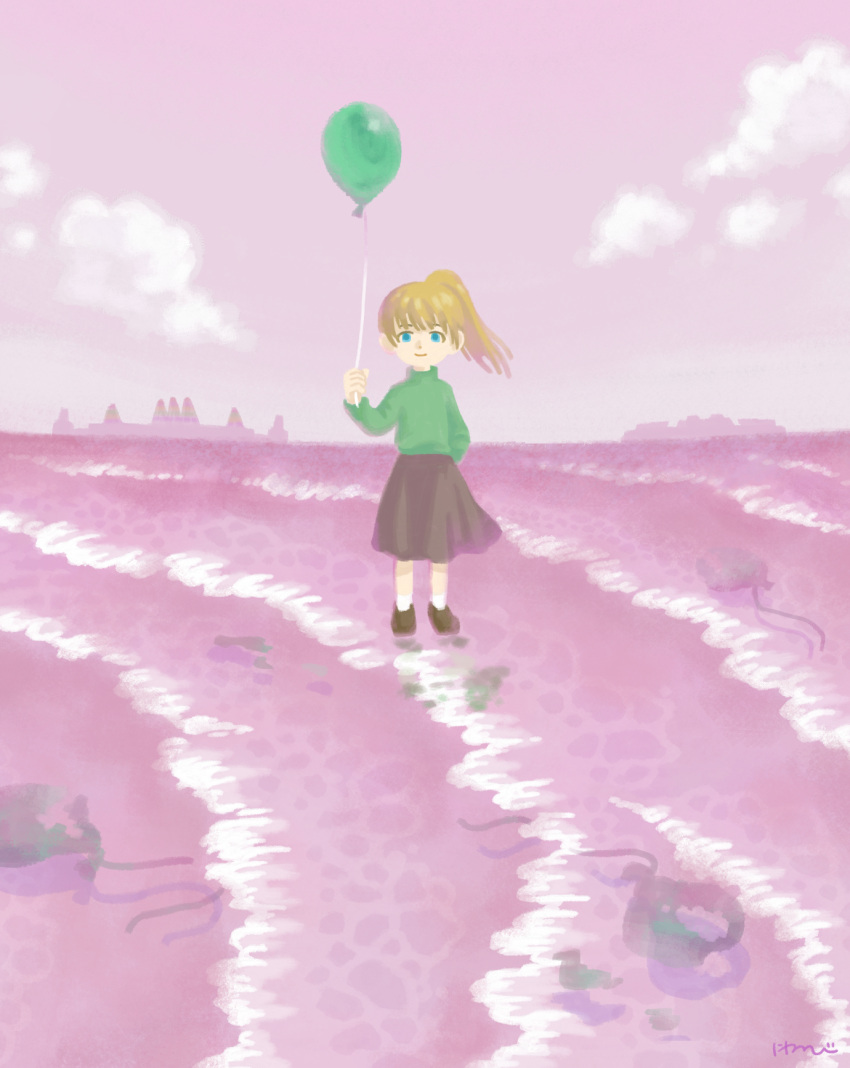 1girl arm_behind_back balloon beach black_footwear black_skirt blonde_hair closed_mouth cloud commentary_request floating_hair green_eyes green_sweater hand_up highres holding holding_balloon horizon island long_hair long_sleeves looking_at_viewer niwasakino_daei ocean pink_sky pink_water poniko ponytail shoes signature skirt sky smile socks solo standing standing_on_liquid straight-on sweater turtleneck turtleneck_sweater waves white_socks wide_shot yume_nikki