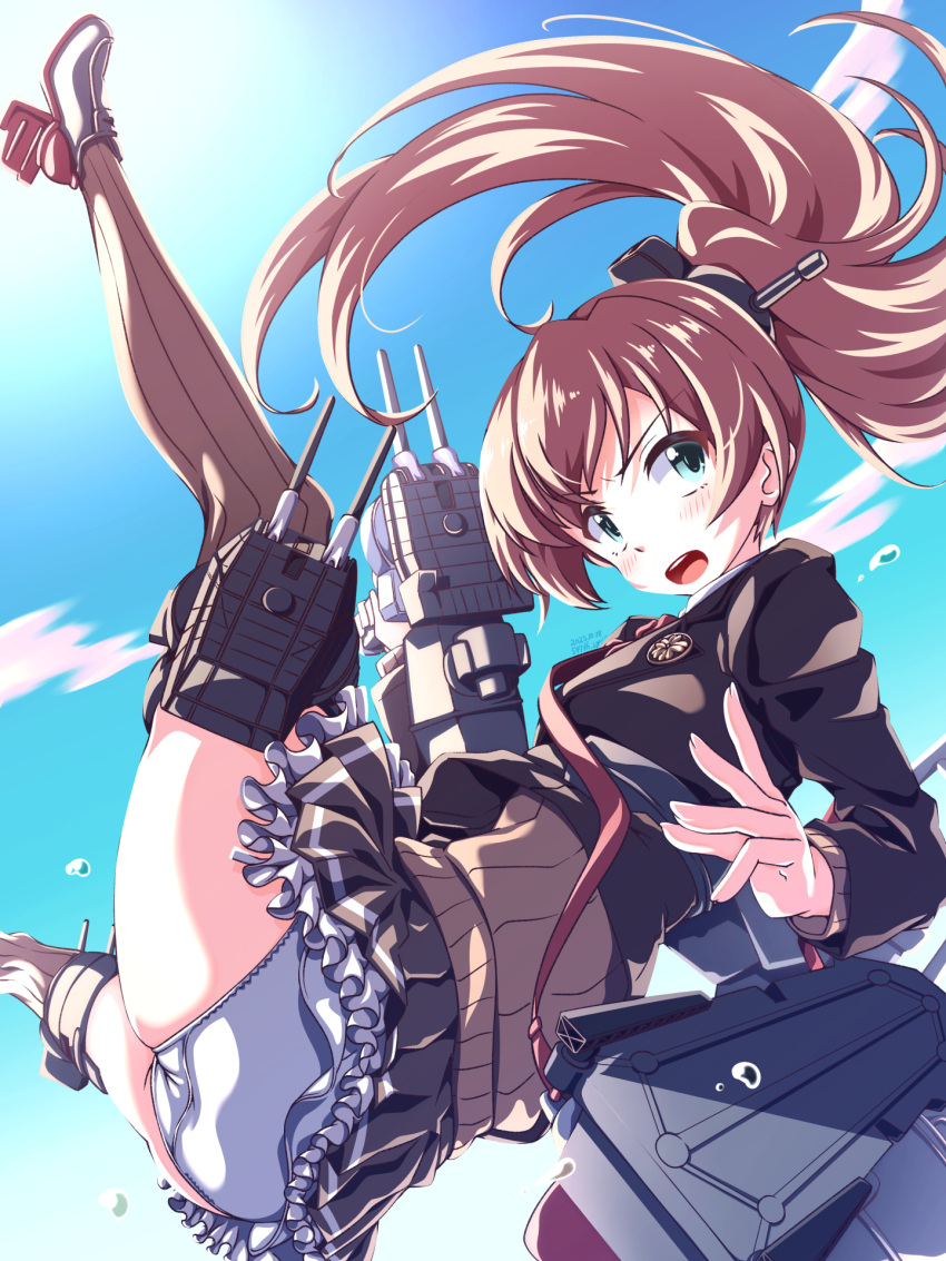 1girl 547th_sy adapted_turret anti-aircraft anti-aircraft_gun ass blazer blue_eyes blue_sky brown_cardigan brown_hair brown_jacket brown_skirt brown_thighhighs cannon cardigan cloud highres jacket kantai_collection kumano_(kancolle) kumano_kai_ni_(kancolle) long_hair looking_at_viewer machinery panties ponytail school_uniform skirt sky solo sun thighhighs turret underwear white_panties