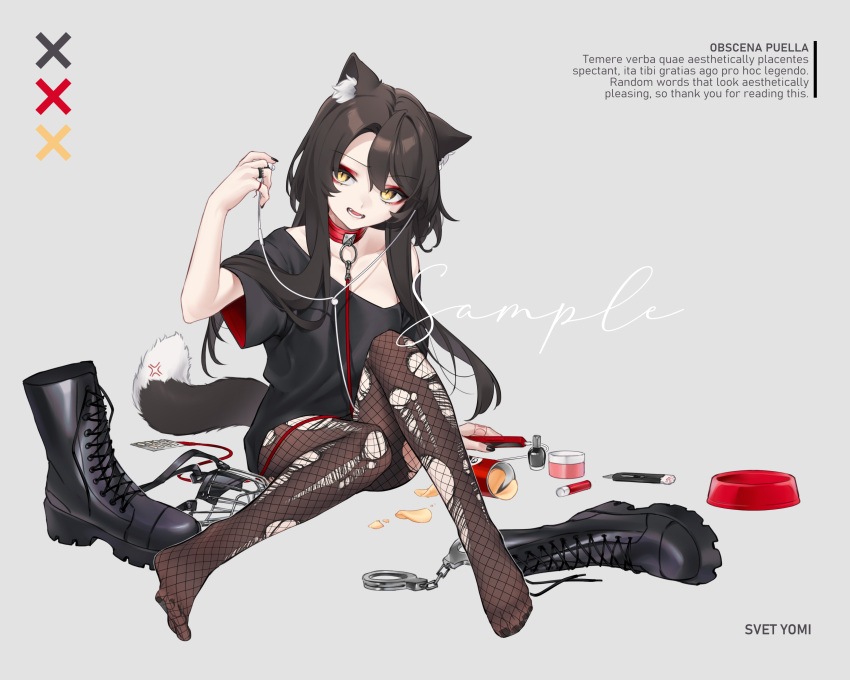 1girl absurdres anger_vein animal_ear_fluff animal_ears artist_name black_footwear black_hair black_pantyhose black_shirt boots boots_removed bowl boxcutter cat_ears cat_girl cat_tail cellphone collar cosmetics cuffs earbuds earphones fangs fishnet_pantyhose fishnets full_body grey_background handcuffs highres latin_text leash long_hair looking_at_viewer medicine muzzle nail_polish_bottle off_shoulder original pantyhose pet_bowl phone pill pringles pringles_can sample_watermark shirt simple_background smartphone svet_yomi tail torn_clothes torn_pantyhose yellow_eyes