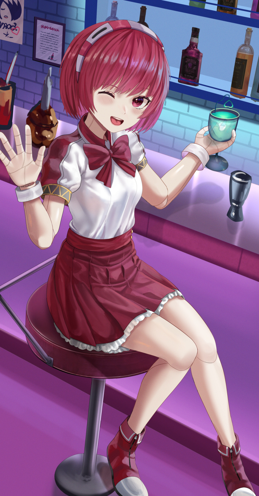 1girl :d alcohol android bar_(place) bar_stool blush bottle bow bowtie breasts commentary_request counter cup dorothy_haze drink drinking_glass english_commentary full_body hairband highres holding holding_cup holding_drink indoors jigger joints looking_at_viewer medium_breasts mixed-language_commentary one_eye_closed open_mouth poster_(object) puffy_short_sleeves puffy_sleeves red_bow red_bowtie red_eyes red_footwear red_hair red_hairband red_skirt robot_joints shirt shoes short_hair short_sleeves silvertsuki sitting skirt smile sneakers solo stool striped striped_hairband teeth tongue upper_teeth_only va-11_hall-a waving white_hairband white_shirt white_wrist_cuffs zipper_footwear