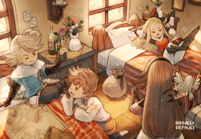 &gt;_&lt; 2boys 3girls agnes_oblige airy_(bravely_default) black_gloves blonde_hair blue_eyes blue_shirt boots bottle bow bravely_default:_flying_fairy bravely_default_(series) brown_hair butterfly_wings closed_eyes copyright_name cross-laced_clothes cross-laced_legwear edea_lee elbow_gloves fairy fairy_wings fur_trim gloves hair_bow hairband indoors irono16 long_hair long_sleeves looking_at_another map minigirl multiple_boys multiple_girls on_bed open_mouth pillow pompadour ringabel shirt sitting smile stretching table tiz_arrior vase white_hair white_shirt window wings