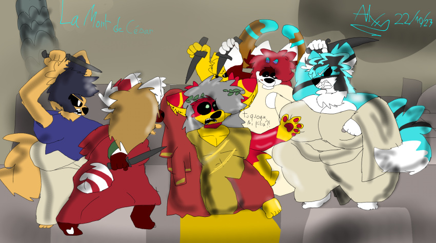 19:10 alyx(alyx_of_aix) alyx_of_aix ambiguous_gender angry anthro antlers big_breasts black_hair black_nose blue_clothing blue_hair blue_shirt blue_topwear breasts brown_hair brown_muzzle canid canine canis clothing cyrus_merubi enraged erect_nipples facing_back fan_species female fingerless_gloves french_text fur gloves grey_hair group hair handwear hi_res holding_knife holding_object horn huge_breasts imminent_assassination imminent_death inner_ear_fluff inside julius_caesar julius_cornelius keroshen_shiroyaki knife latin_text male male/female mammal marcus_junius_brutus markings multicolored_body multicolored_fur nipples olive_branch open_mouth overweight overweight_female palace pawpads raised_arm red_cloth red_hair red_pawpads red_toga ring_(marking) roman_clothing roman_empire roman_senator scared shaded sharp_teeth shirt signature tan_body tan_fur teeth text toga topwear tu_quoque_mi_filius? tuft two_tone_body two_tone_fur white_pawpads white_toga wolf yellow_feet yellow_hand yellow_inner_ear_fluff yellow_toga ziko_shiroyaki