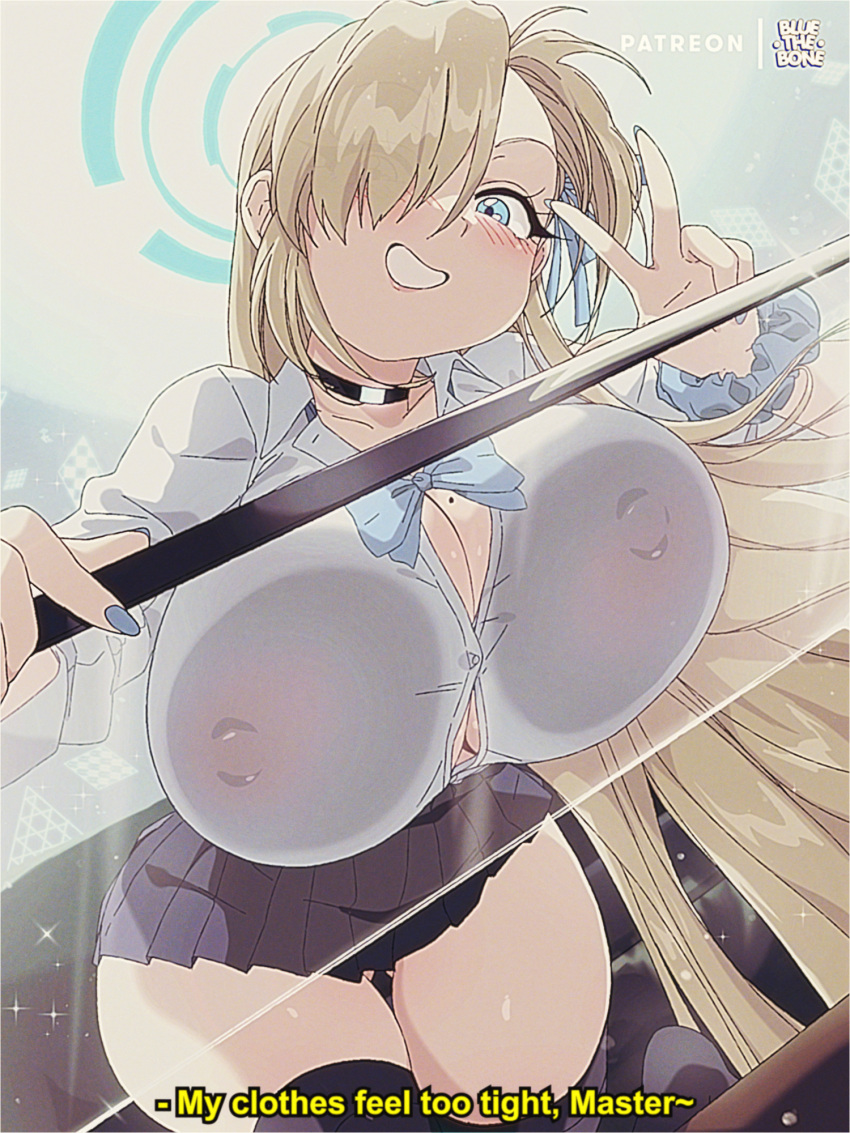 1girl artist_name asuna_(blue_archive) blonde_hair blue_archive blue_eyes bluethebone breasts cleavage covered_nipples english_text hair_over_one_eye halo highres large_breasts long_hair looking_at_viewer miniskirt retro_artstyle school_uniform skirt smile solo subtitled sweat