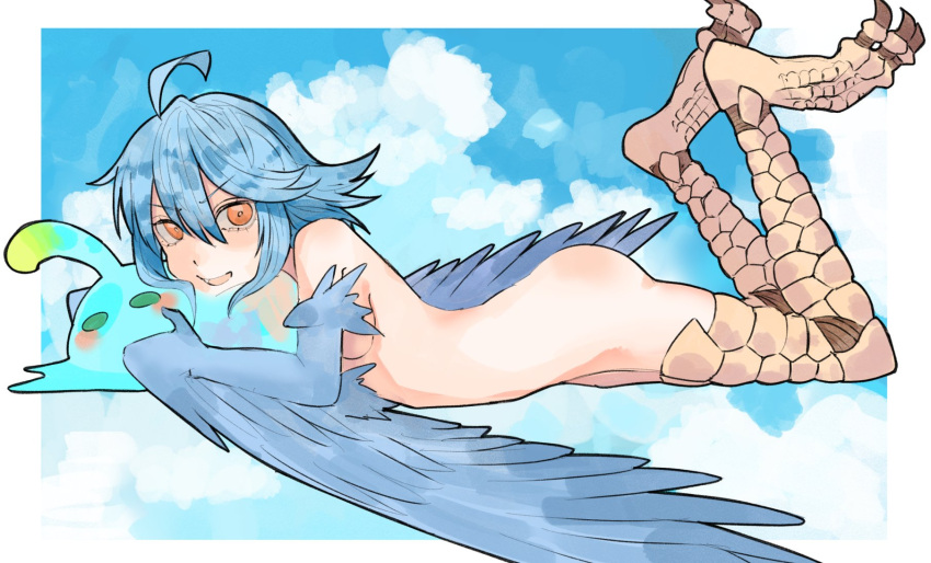 2girls ahoge bird_legs blue_feathers blue_hair blue_wings blush breasts cloud feathered_wings feathers hair_between_eyes harpy highres lying monster_girl monster_musume_no_iru_nichijou multiple_girls nebula_flabby nude on_stomach open_mouth papi_(monster_musume) scales small_breasts smile solo suu_(monster_musume) talons winged_arms wings yellow_eyes