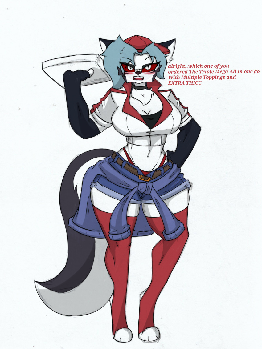 absurd_res anthro big_breasts blush bottomwear breasts clothing delivery_(commerce) english english_text female food_delivery helluva_boss hi_res hotpants loona_(helluva_boss) pace-maker pizza_delivery shorts small_waist solo text thick_thighs wide_hips