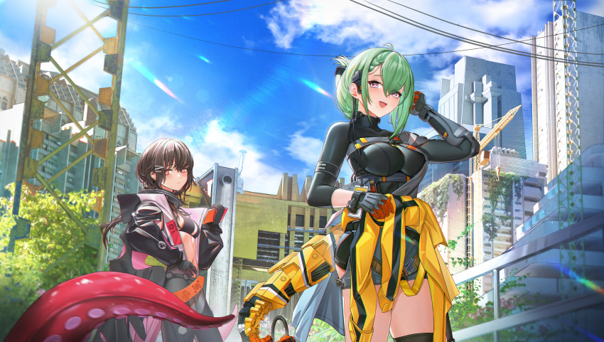2girls absurdres ahoge bikini bikini_top_only black_bikini black_shirt blue_sky breasts brown_hair building cable cityscape clothes_around_waist cowboy_shot day de_lacey_(girls'_frontline_nc) diving_suit earrings expressionless girls'_frontline girls'_frontline_neural_cloud gloves green_hair hair_between_eyes hand_on_own_hip hatsuchiri_(girls'_frontline_nc) highres jacket jacket_around_waist jewelry lan_liyu_renzi large_breasts looking_at_viewer mechanical_tail mole mole_under_eye mole_under_mouth multiple_girls navel open_mouth outdoors purple_eyes red_eyes shirt short_hair shorts sky smile swimsuit tail tentacles yellow_jacket