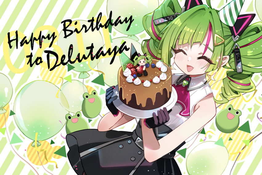 1girl balloon black_skirt blush cake delutaya food green_hair hair_ornament happy_birthday holding indie_virtual_youtuber open_mouth shadowsinking skirt solo