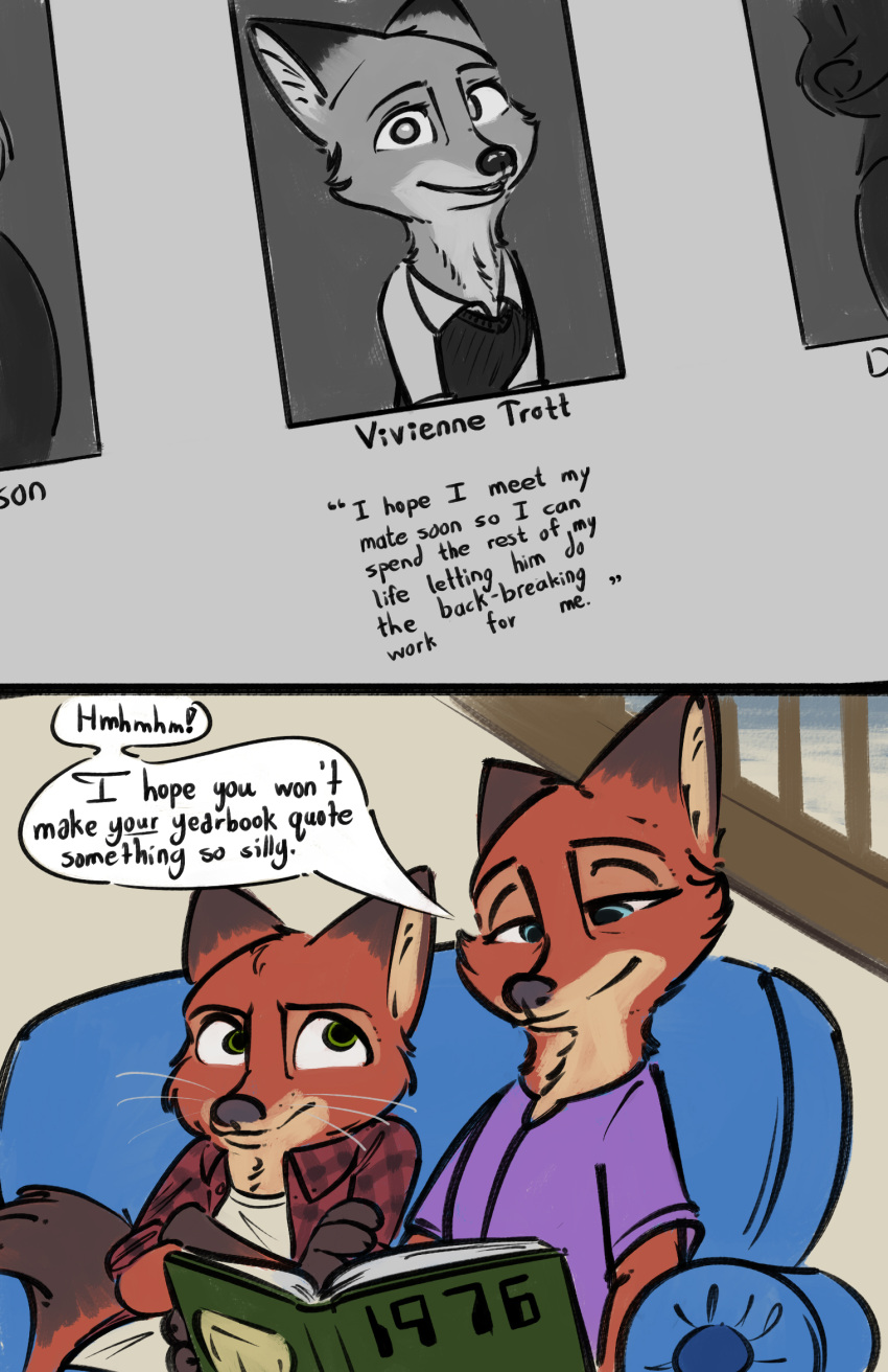 anthro book canid canine comic dialogue disney duo english_text female fox furniture hi_res looking_at_viewer male mammal mrs._wilde nick_wilde plaid sofa stairs tangerine_(artist) text whiskers yearbook zootopia