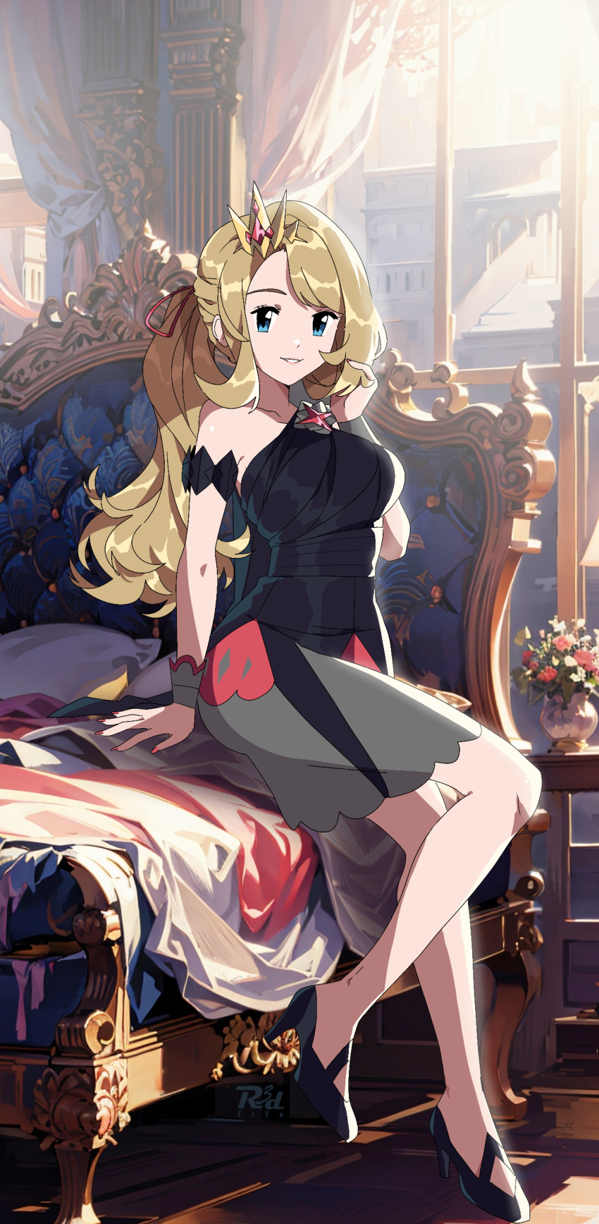 1girl absurdres alternate_costume artist_logo artist_name bed black_dress black_footwear blonde_hair blue_eyes breasts commission dress flower full_body grey_dress hair_ornament hair_ribbon high_heels highres indoors jewelry large_breasts legs long_hair looking_at_viewer multicolored_clothes multicolored_dress parted_bangs parted_lips pink_nails pixiv_commission plant pokemon pokemon_(anime) pokemon_(game) pokemon_xy pokemon_xy_(anime) ponytail potted_plant r3dfive red_dress ribbon serena_(pokemon) sidelocks single_bare_shoulder sitting sleeveless sleeveless_dress solo swept_bangs wrist_cuffs