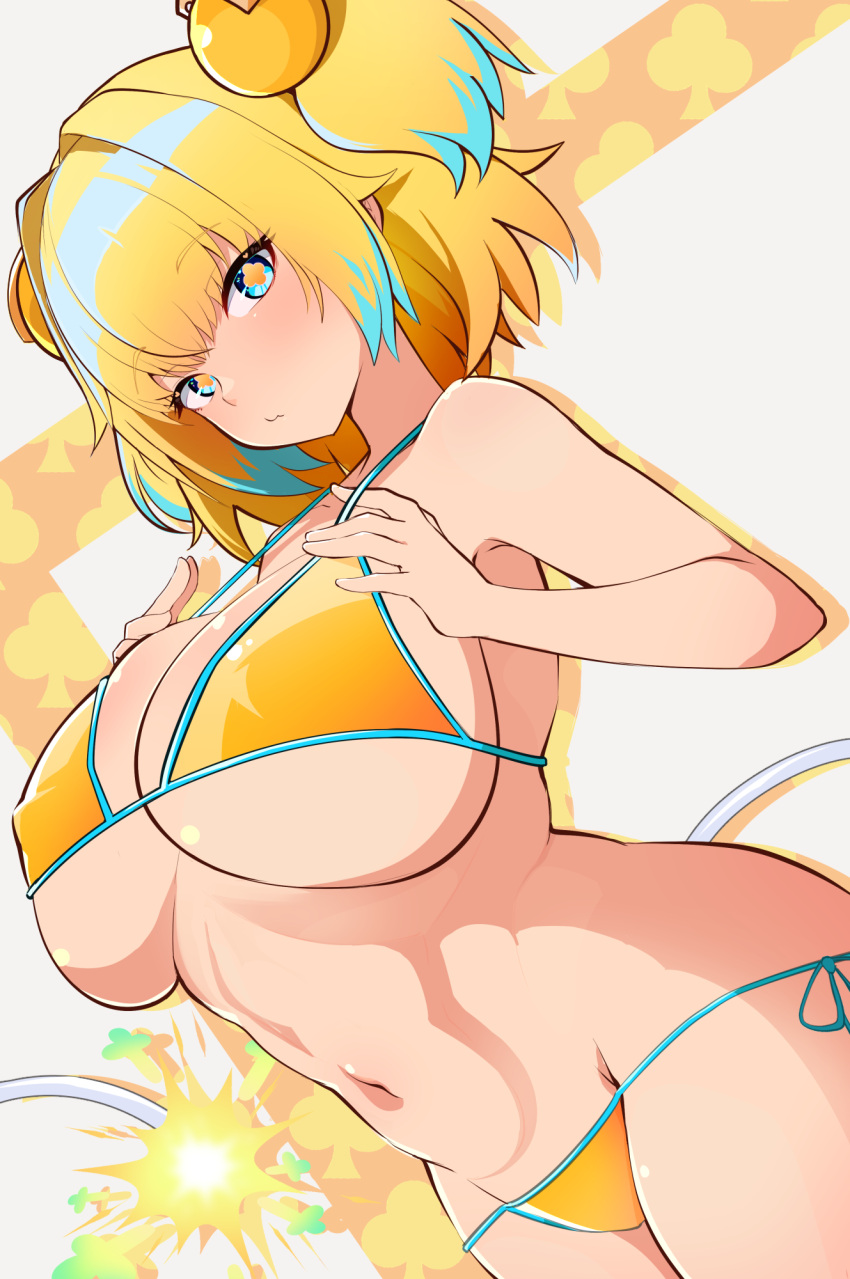 +_+ 1girl bikini blonde_hair blue_eyes blush bombergirl breasts cleavage clover-shaped_pupils club_(shape) collarbone da_(da_3939) fuse fuse_tail highres large_breasts lit_fuse looking_at_viewer multicolored_hair navel oppai_loli pine_(bombergirl) short_hair side-tie_bikini_bottom solo swimsuit symbol-shaped_pupils tail twintails two-tone_hair white_background yellow_bikini yellow_pupils