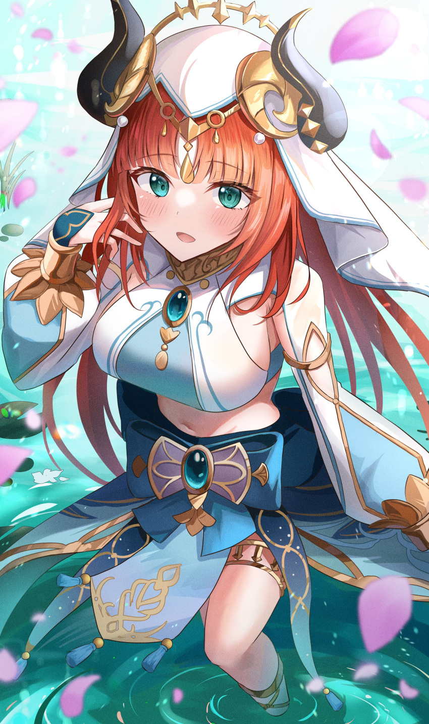 1girl absurdres aqua_eyes blue_gemstone blue_skirt blurry breasts circlet depth_of_field detached_sleeves fake_horns falling_petals gem genshin_impact gold_trim harem_outfit highres horns large_breasts lily_pad long_hair looking_at_viewer nilou_(genshin_impact) onabe_no_shime petals pond red_hair skirt smile solo thighlet twintails vision_(genshin_impact) wading white_headdress white_veil