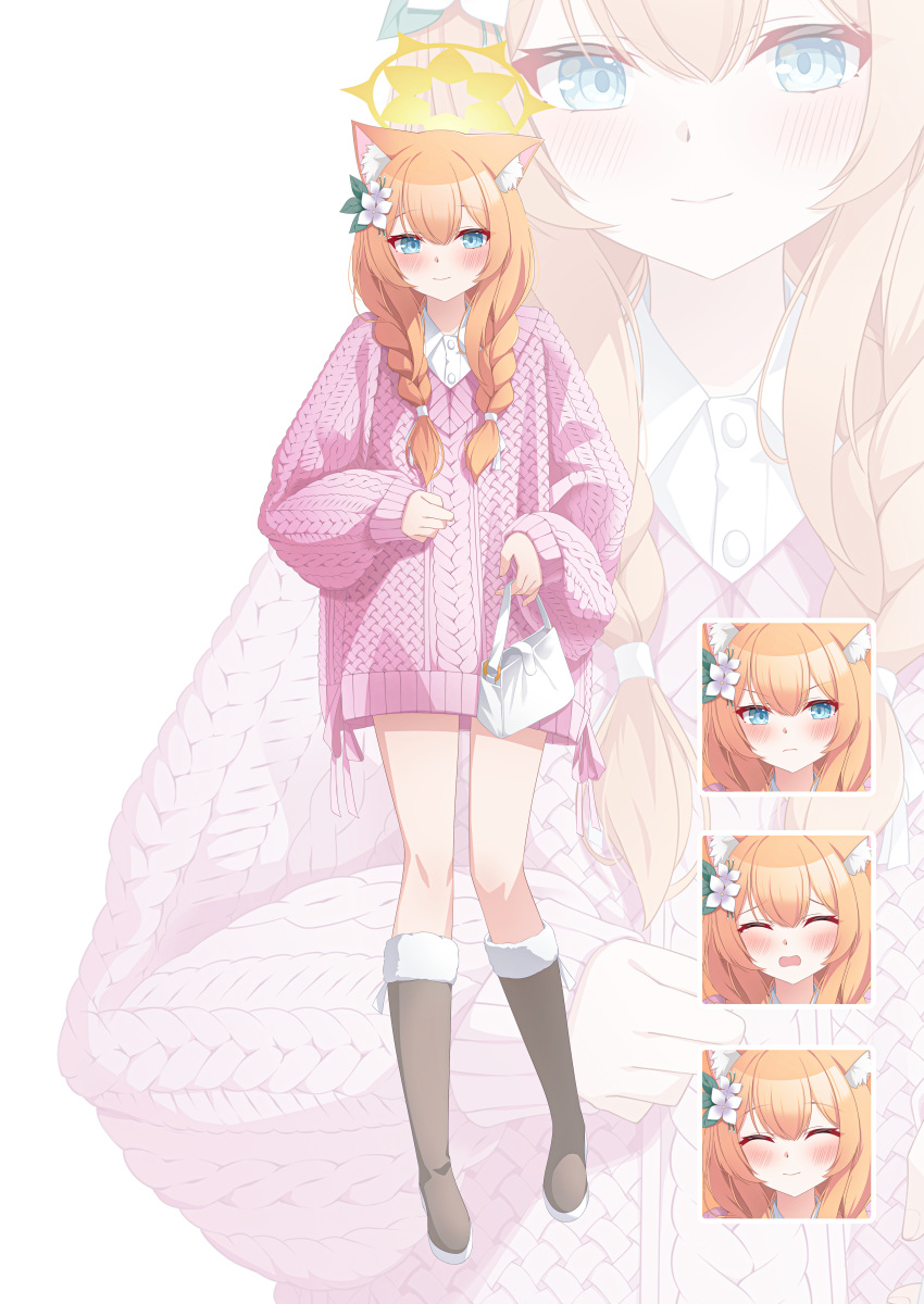 1girl absurdres alternate_costume animal_ears bag blue_archive blue_eyes blush boots brown_footwear buttons closed_eyes closed_mouth collared_shirt flower fur-trimmed_boots fur_trim hair_between_eyes hair_flower hair_ornament halo highres holding holding_bag knee_boots long_hair long_sleeves looking_at_viewer mari_(blue_archive) orange_hair shira_jun shirt white_flower white_shirt yellow_halo zoom_layer