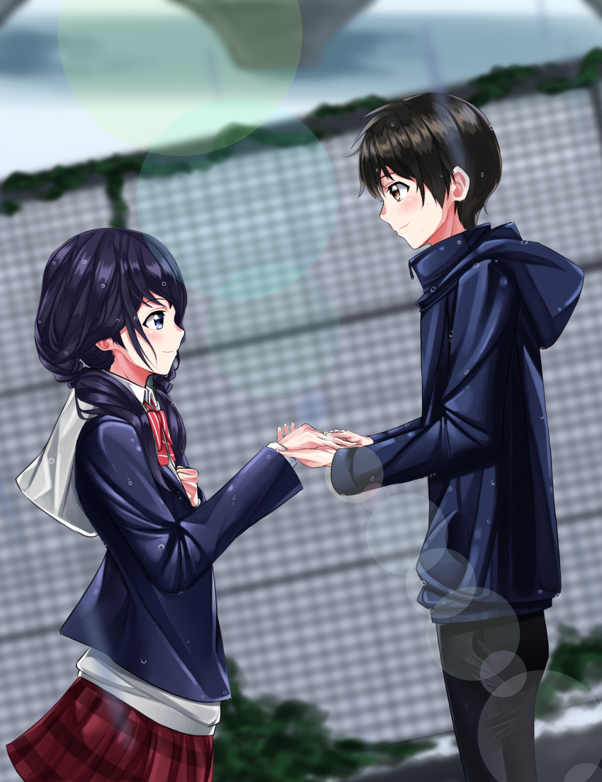 1boy 1girl absurdres amano_hina_(tenki_no_ko) black_hair black_pants blue_eyes blue_jacket blurry blurry_background bow bowtie closed_mouth clutching_chest commentary couple eye_contact fence from_side highres hood hoodie jacket lens_flare long_hair long_sleeves looking_at_another low_twintails morishima_hodaka_(tenki_no_ko) pants plaid plaid_skirt pleated_skirt red_bow red_bowtie red_skirt school_uniform short_hair skirt sora_(men0105) tenki_no_ko twintails white_hoodie